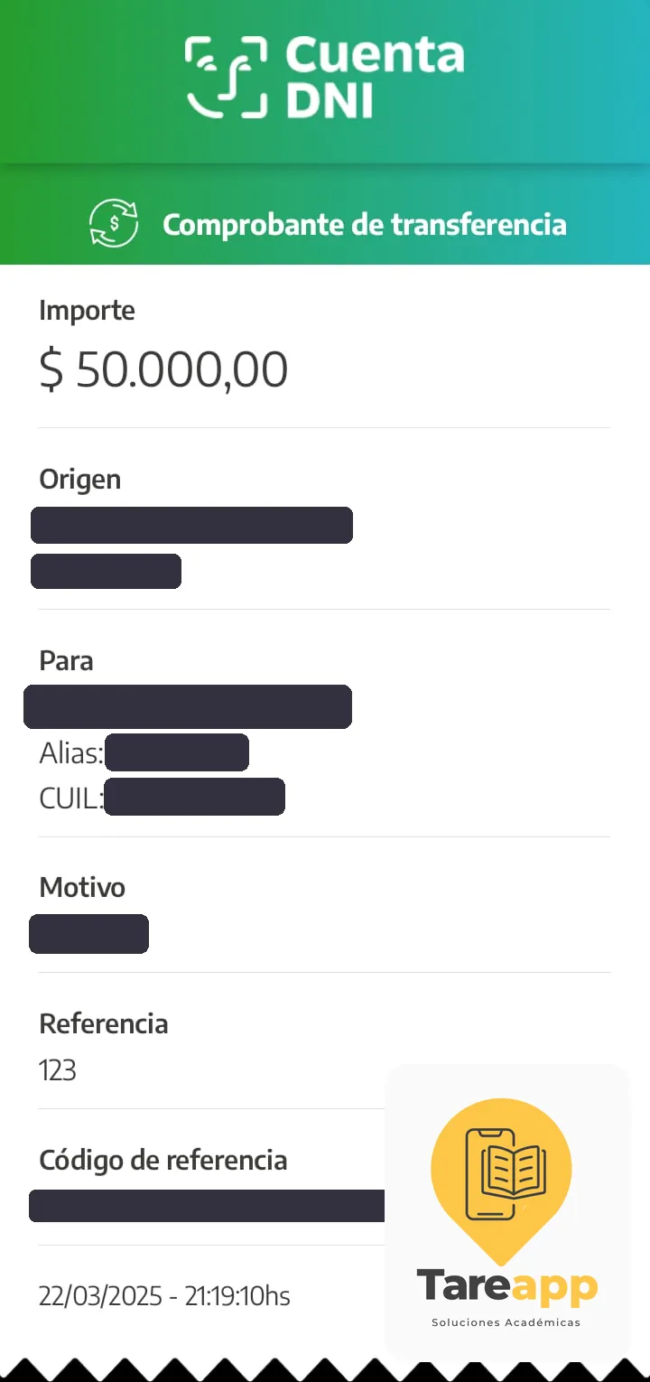 Comprobante de pago de $50.000 a Tareapp, marzo 2025