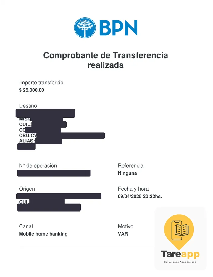 Comprobante de pago de $25.000 a Tareapp, abril 2025