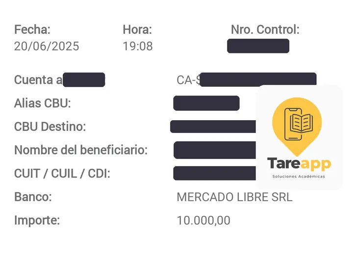 Comprobante de pago de $10.000 a Tareapp, junio 2025