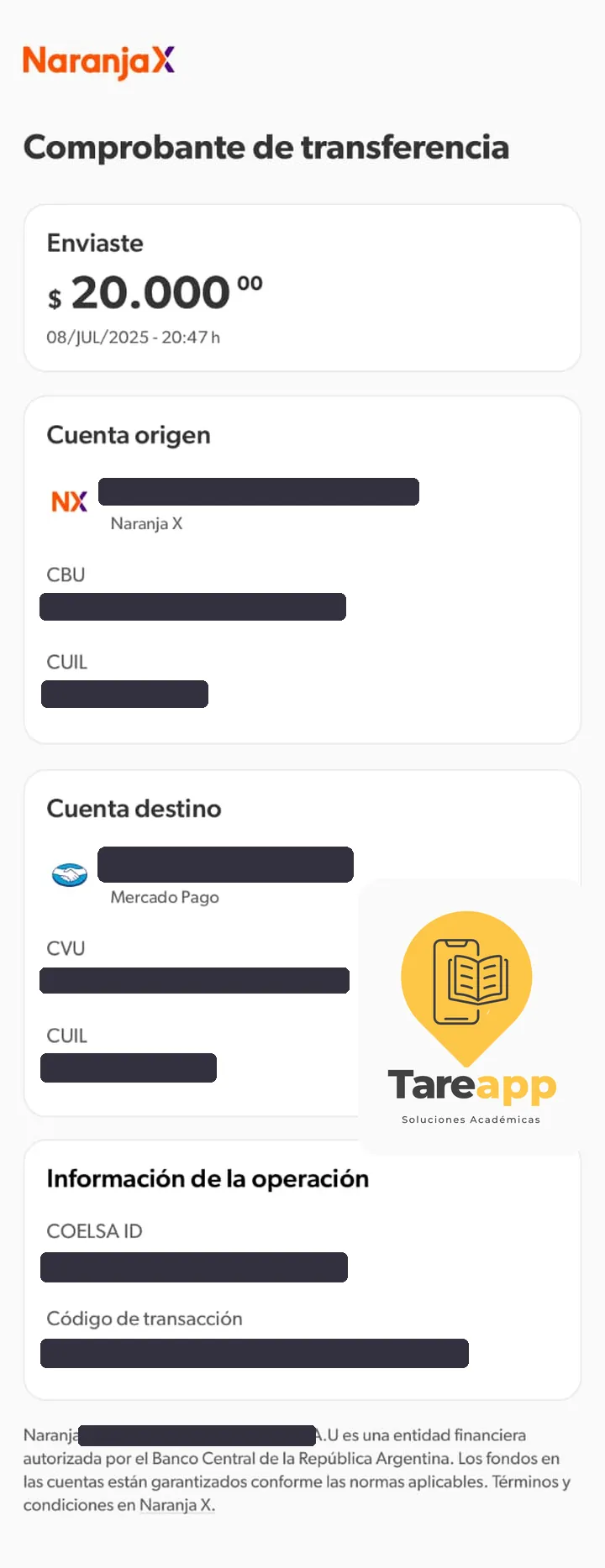 Comprobante de pago de $20.000 a Tareapp, julio 2025