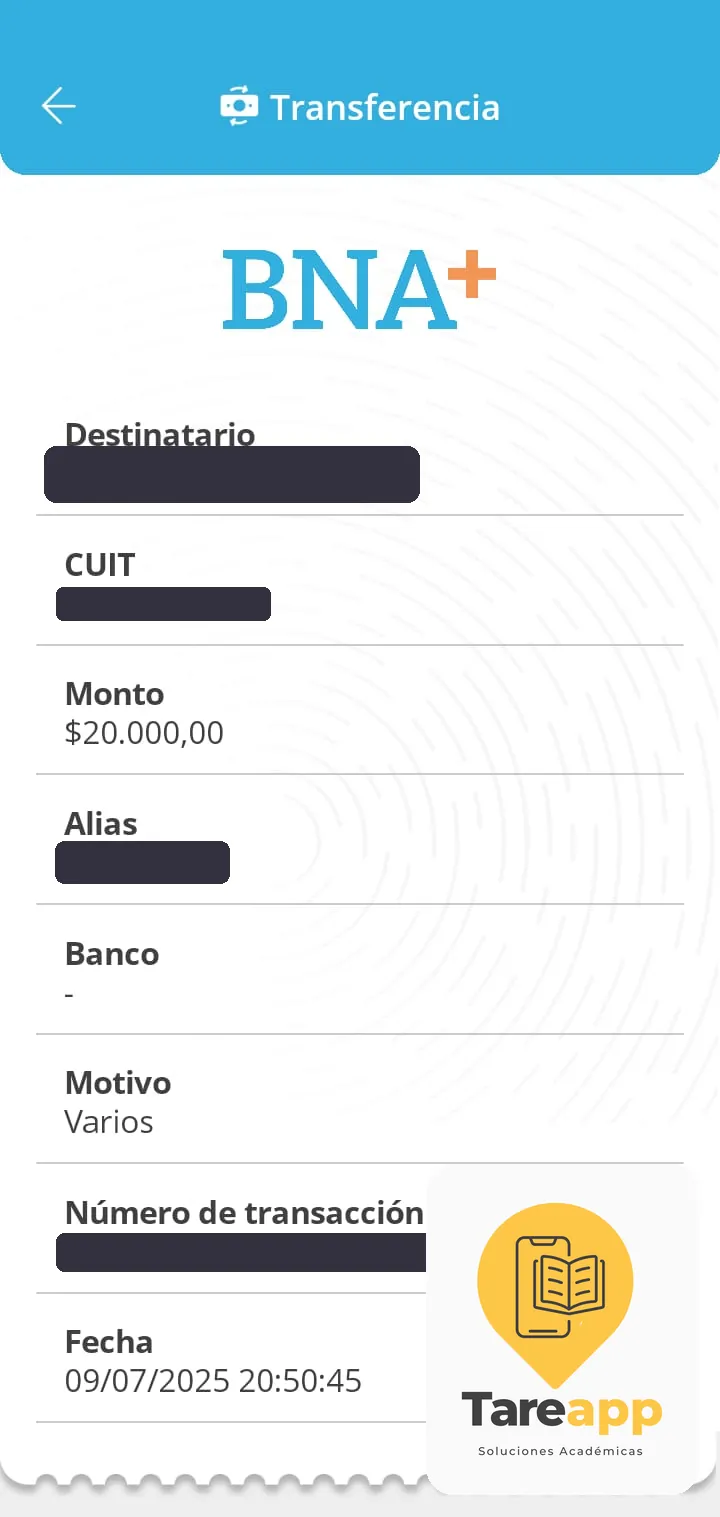 Comprobante de pago de $20.000 a Tareapp, julio 2025