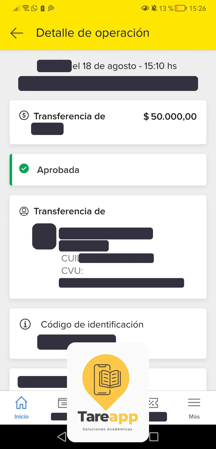 Comprobante de pago de $50.000 a Tareapp, agosto 2025