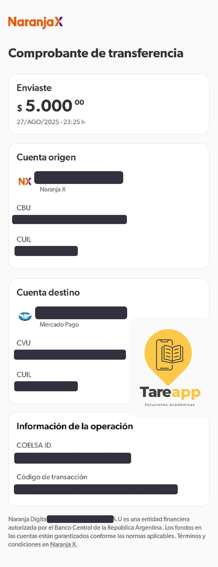 Comprobante de pago de $5.000 a Tareapp, agosto 2025