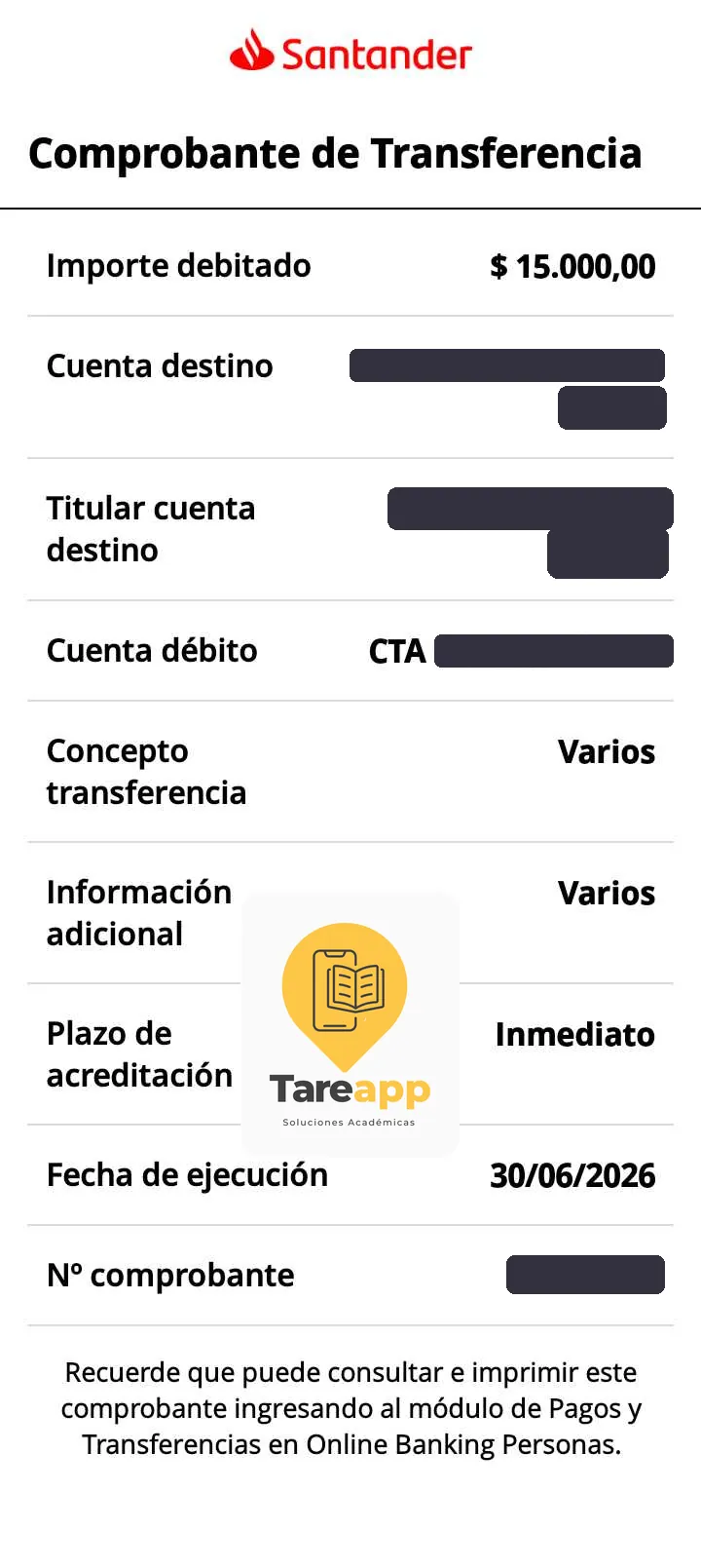 Comprobante de pago de $15.000 a Tareapp, junio 2026