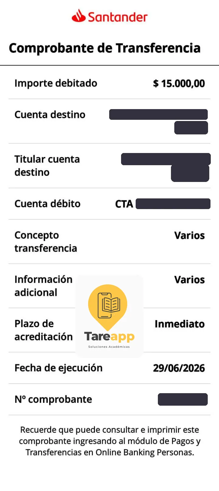 Comprobante de pago de $15.000 a Tareapp, junio 2026