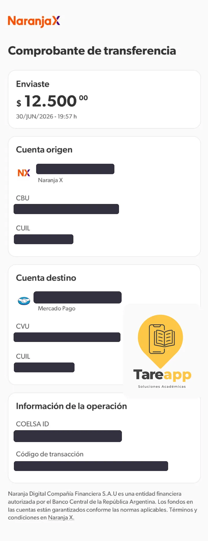 Comprobante de pago de $12.500 a Tareapp, junio 2026