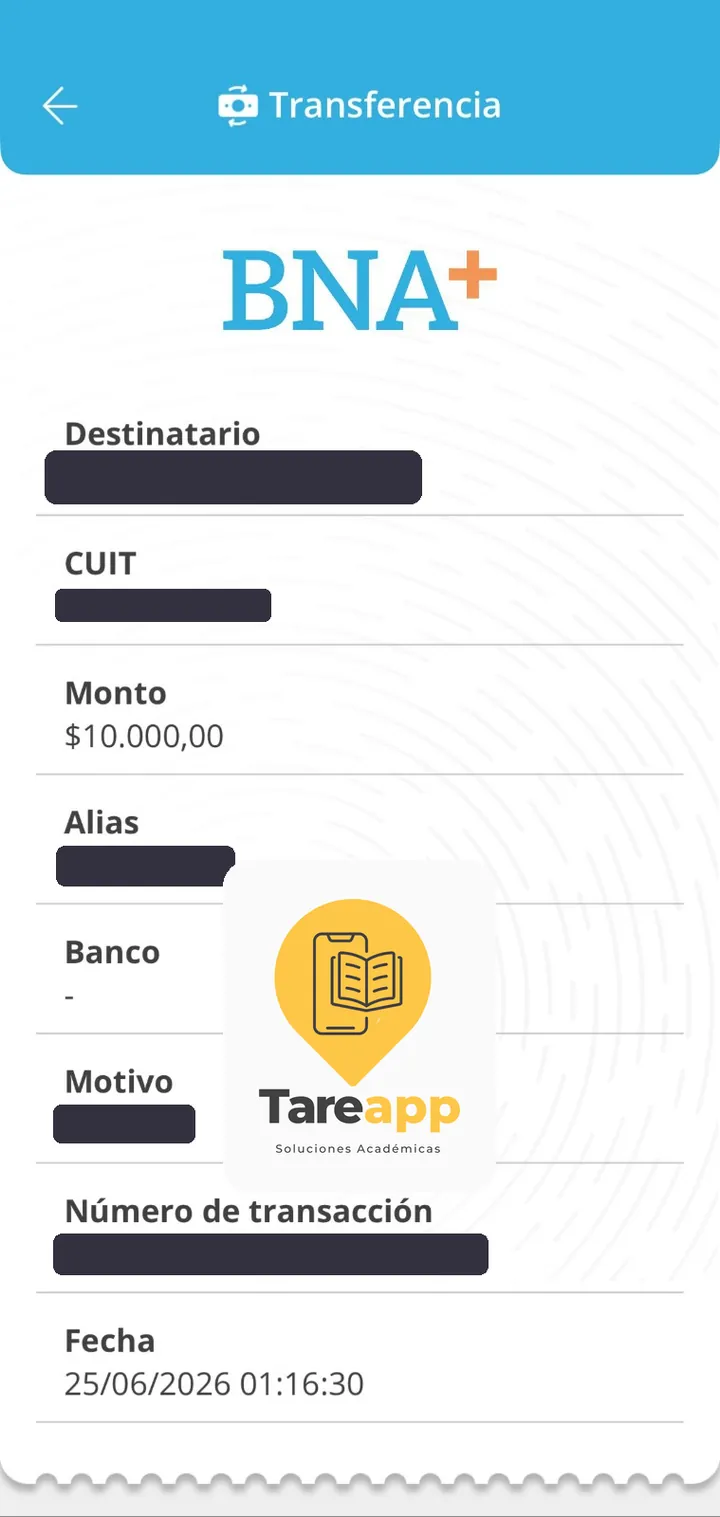 Comprobante de pago de $10.000 a Tareapp, junio 2026