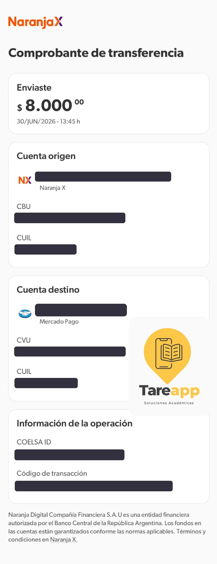 Comprobante de pago de $8.000 a Tareapp, junio 2026