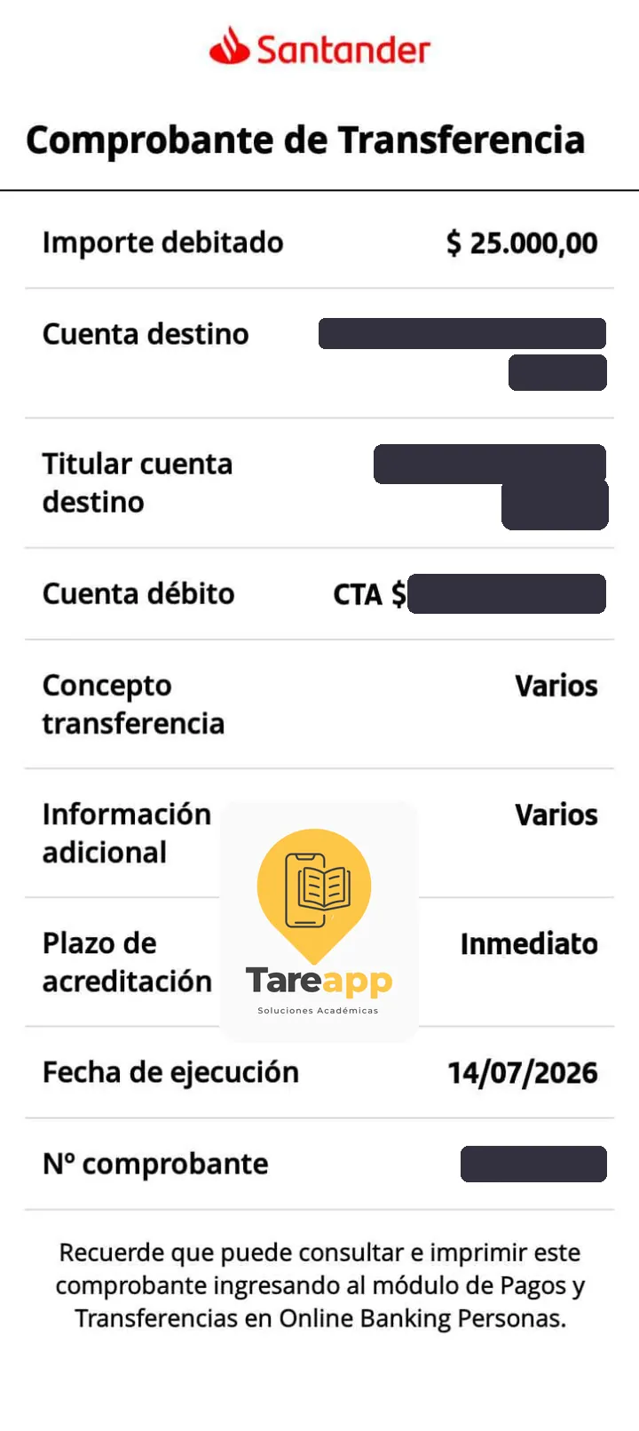 Comprobante de pago de $25.000 a Tareapp, julio 2026