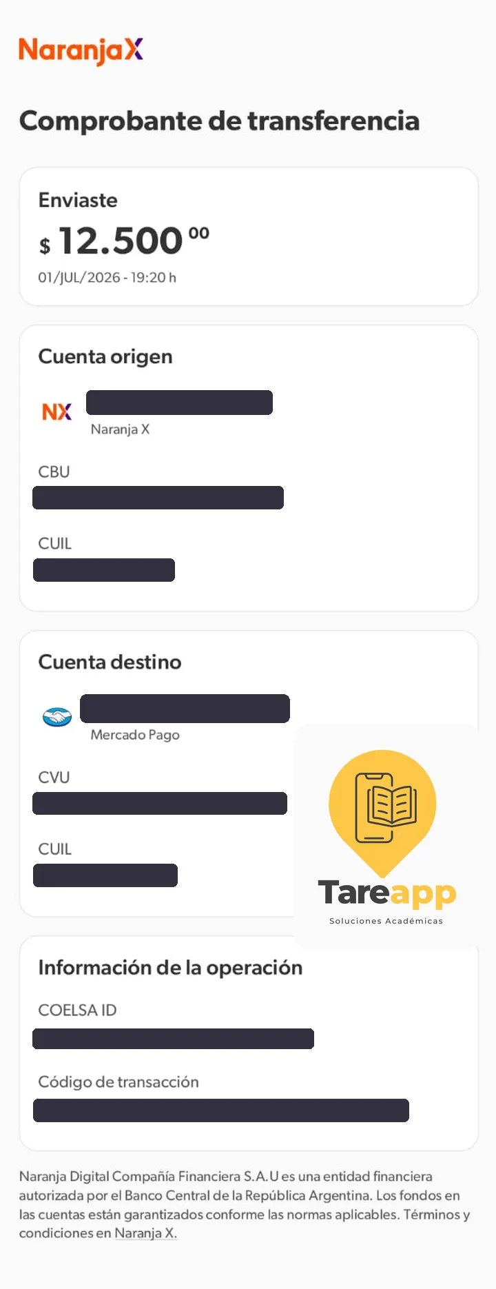 Comprobante de pago de $12.500 a Tareapp, julio 2026