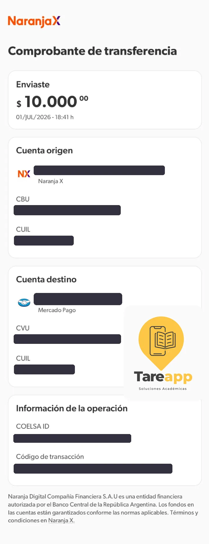 Comprobante de pago de $10.000 a Tareapp, julio 2026