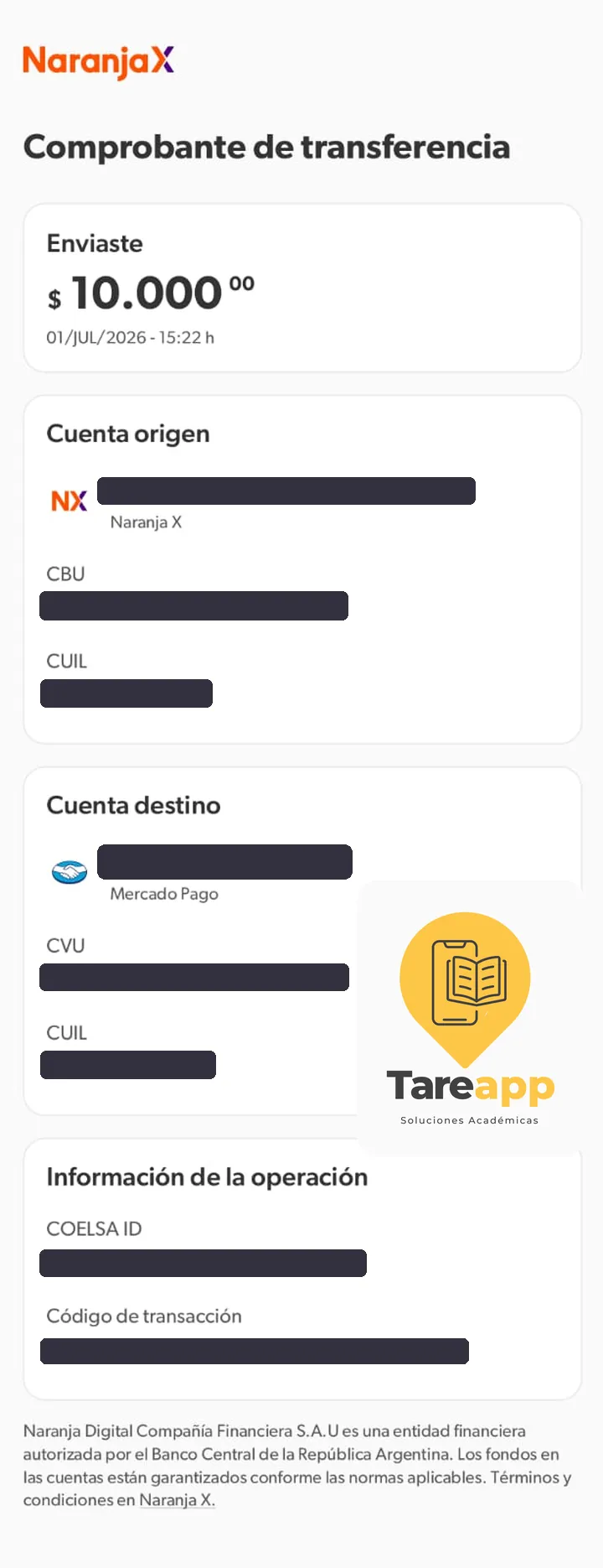Comprobante de pago de $10.000 a Tareapp, julio 2026