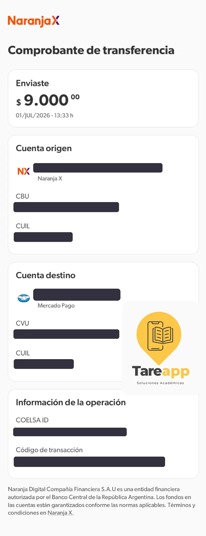 Comprobante de pago de $9.000 a Tareapp, julio 2026