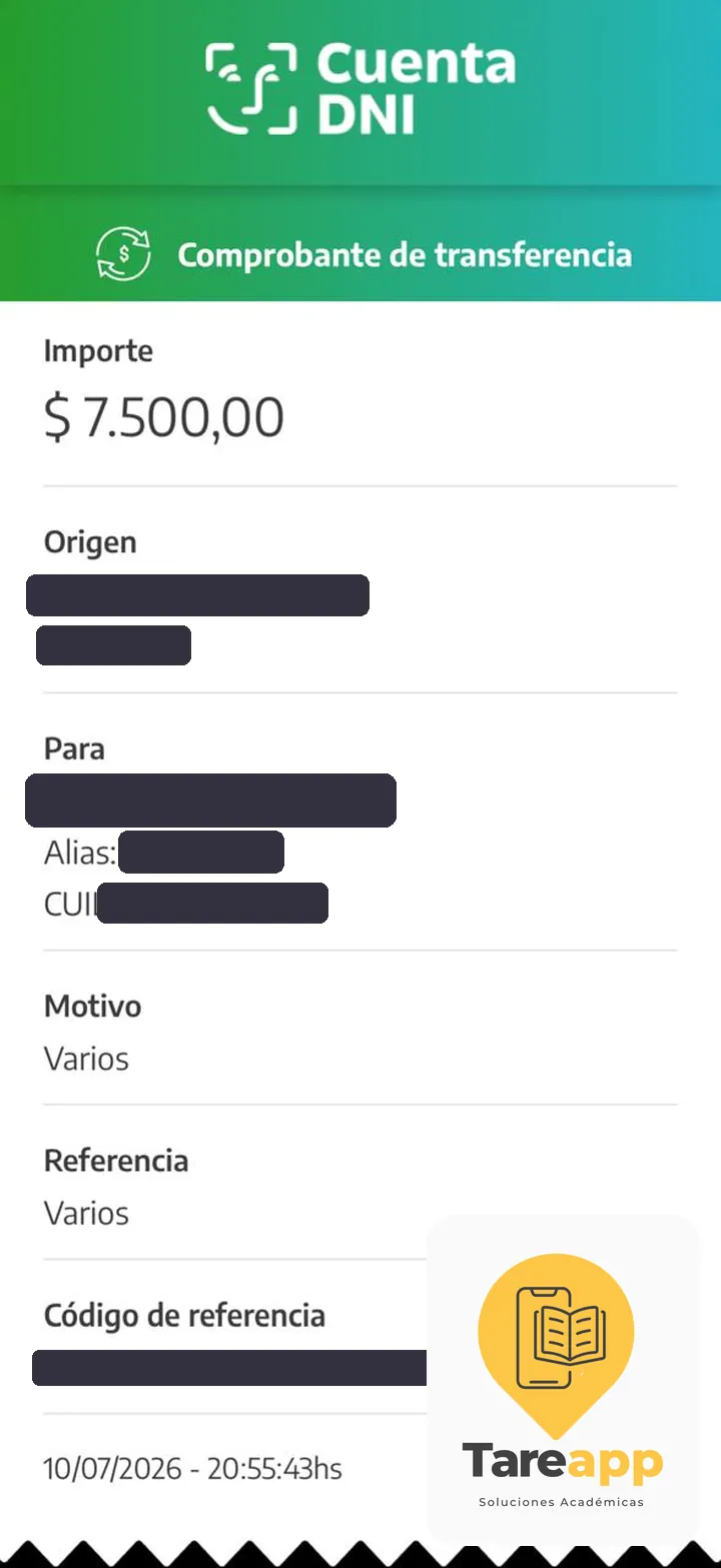 Comprobante de pago de $7.500 a Tareapp, julio 2026