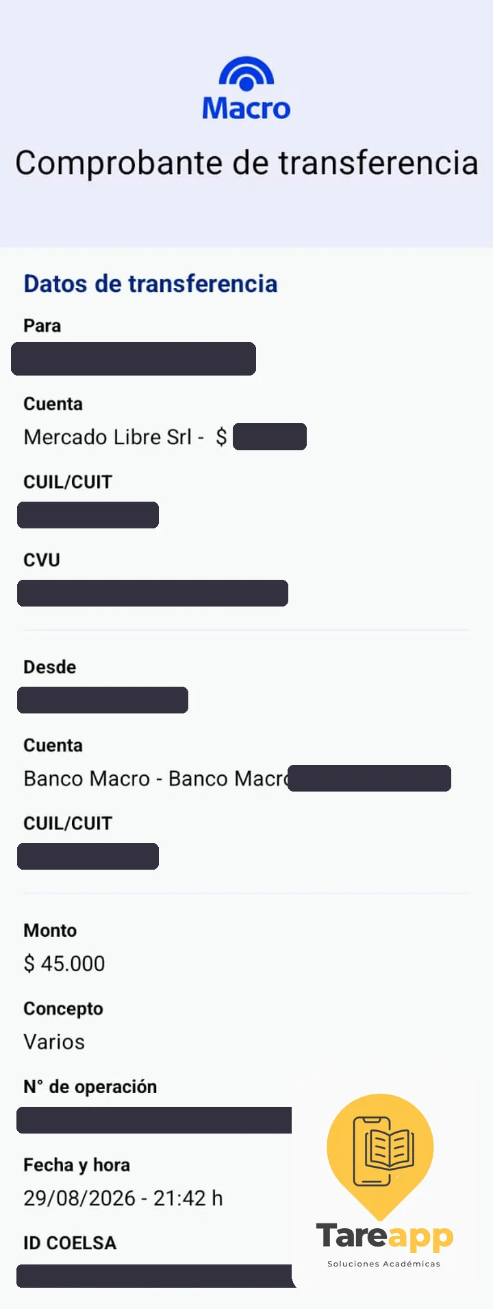 Comprobante de pago de $45.000 a Tareapp, agosto 2026