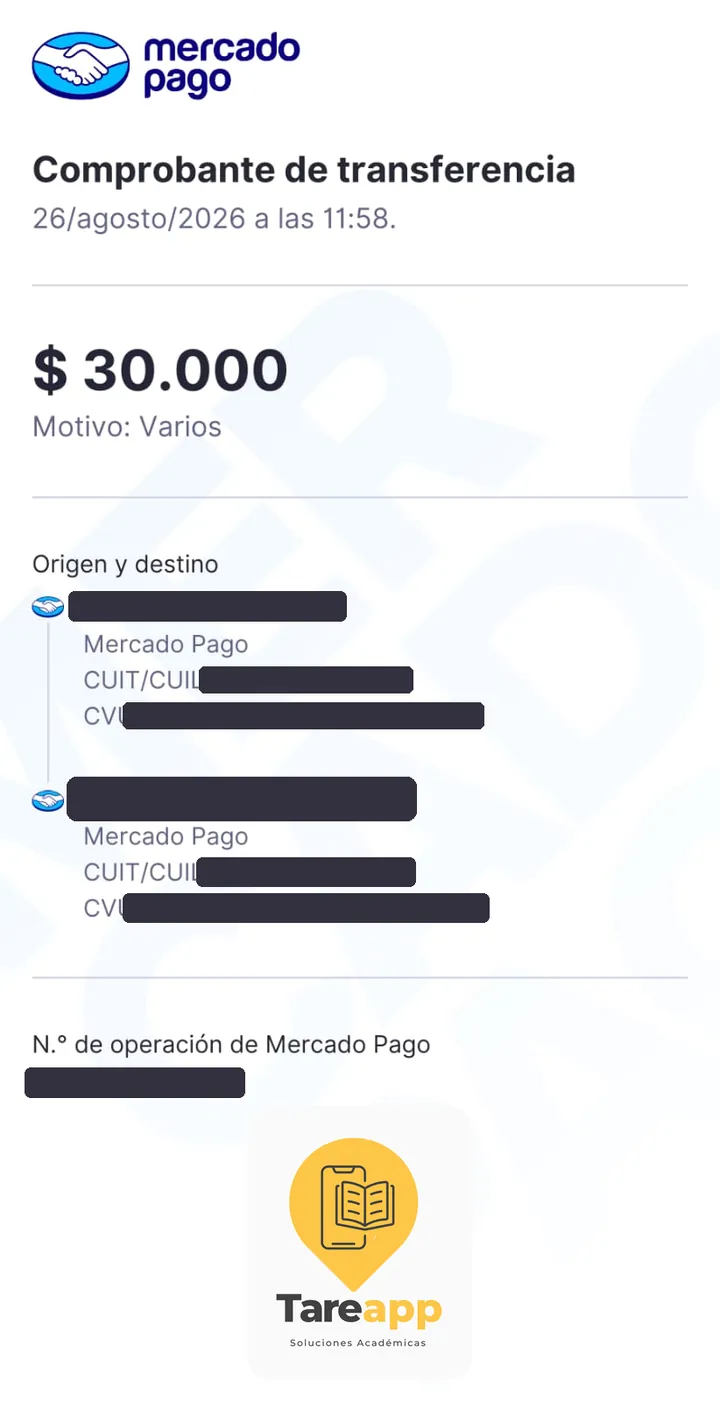 Comprobante de pago de $30.000 a Tareapp, agosto 2026
