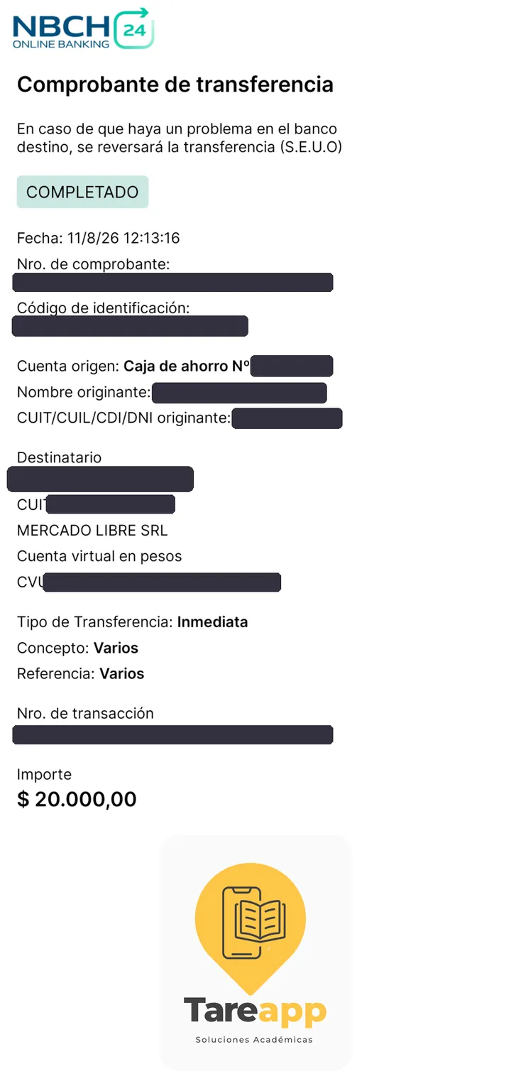 Comprobante de pago de $20.000 a Tareapp, agosto 2026