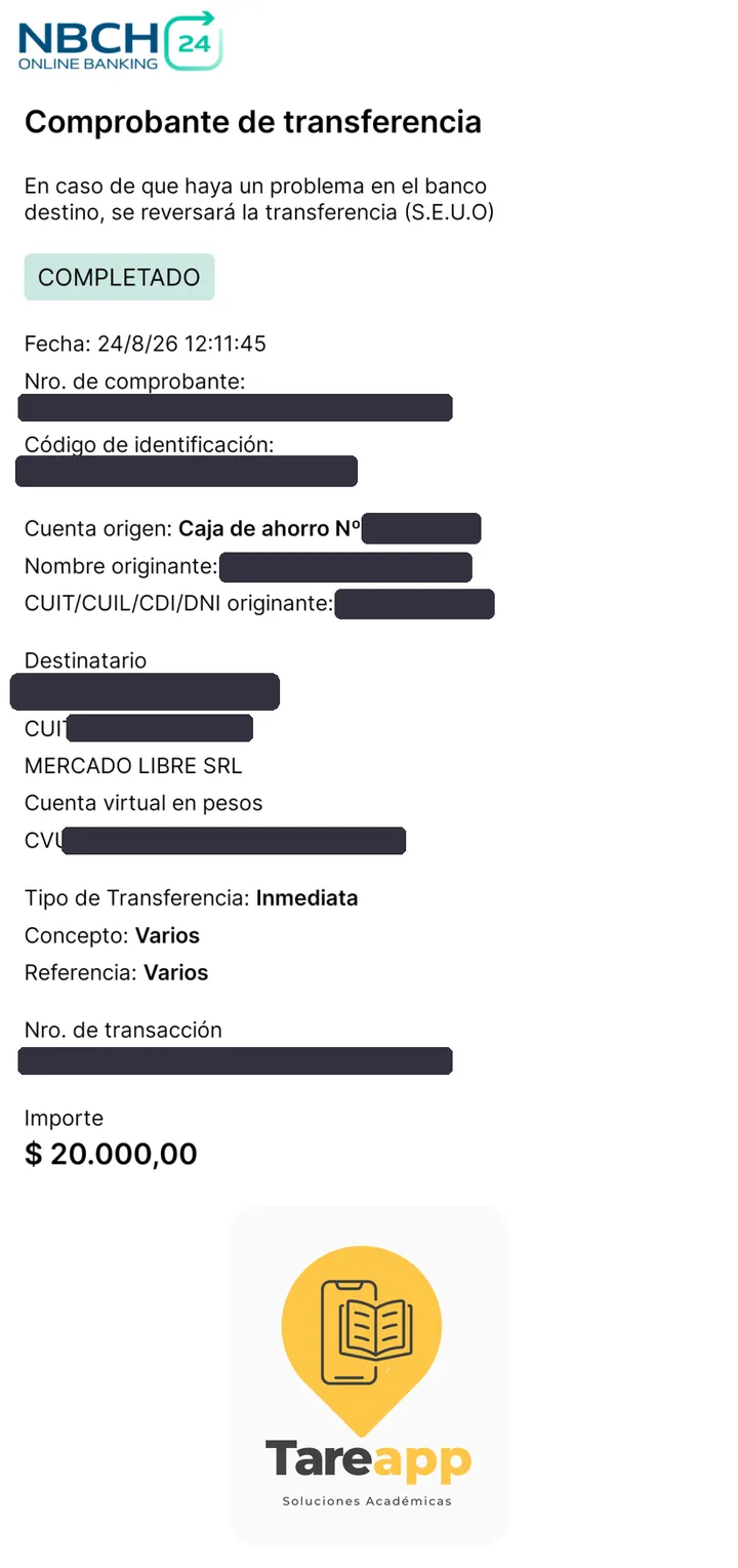 Comprobante de pago de $20.000 a Tareapp, agosto 2026