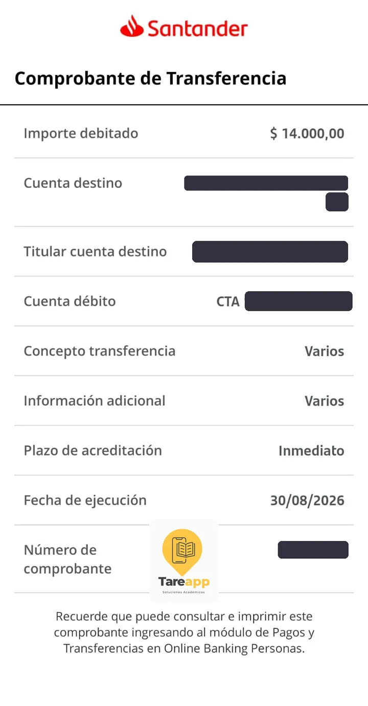 Comprobante de pago de $14.000 a Tareapp, agosto 2026