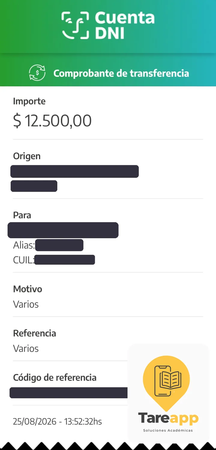 Comprobante de pago de $12.500 a Tareapp, agosto 2026