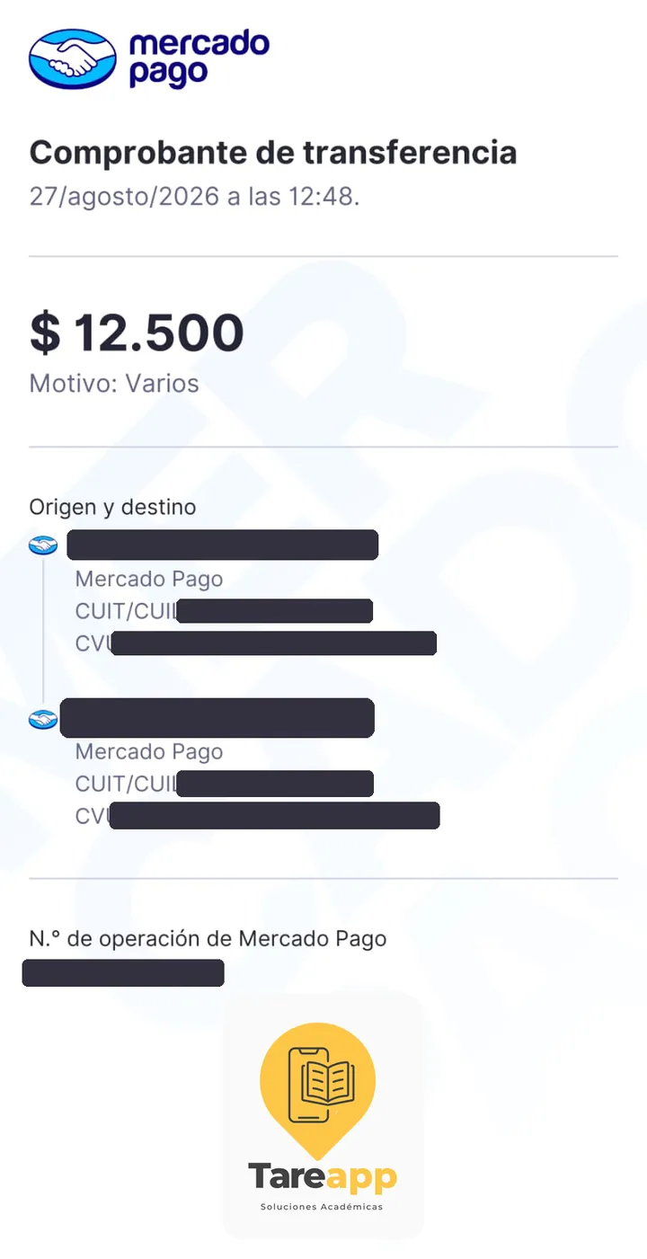 Comprobante de pago de $12.500 a Tareapp, agosto 2026