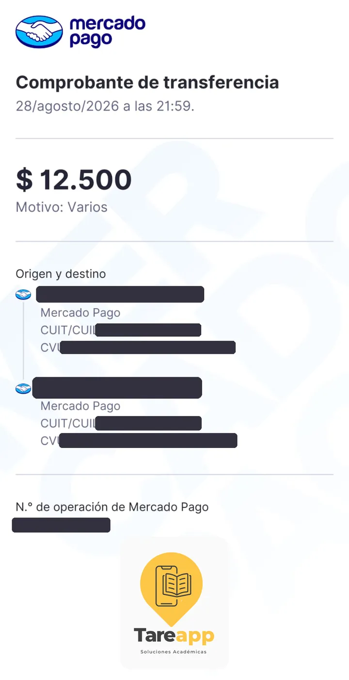 Comprobante de pago de $12.500 a Tareapp, agosto 2026