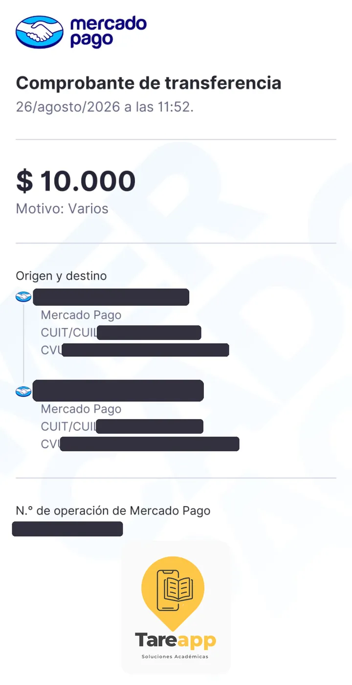 Comprobante de pago de $10.000 a Tareapp, agosto 2026
