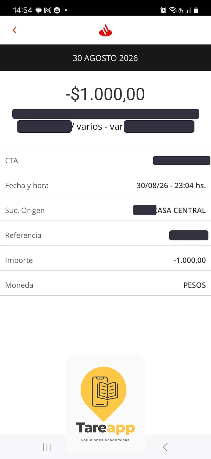 Comprobante de pago de $1.000 a Tareapp, agosto 2026