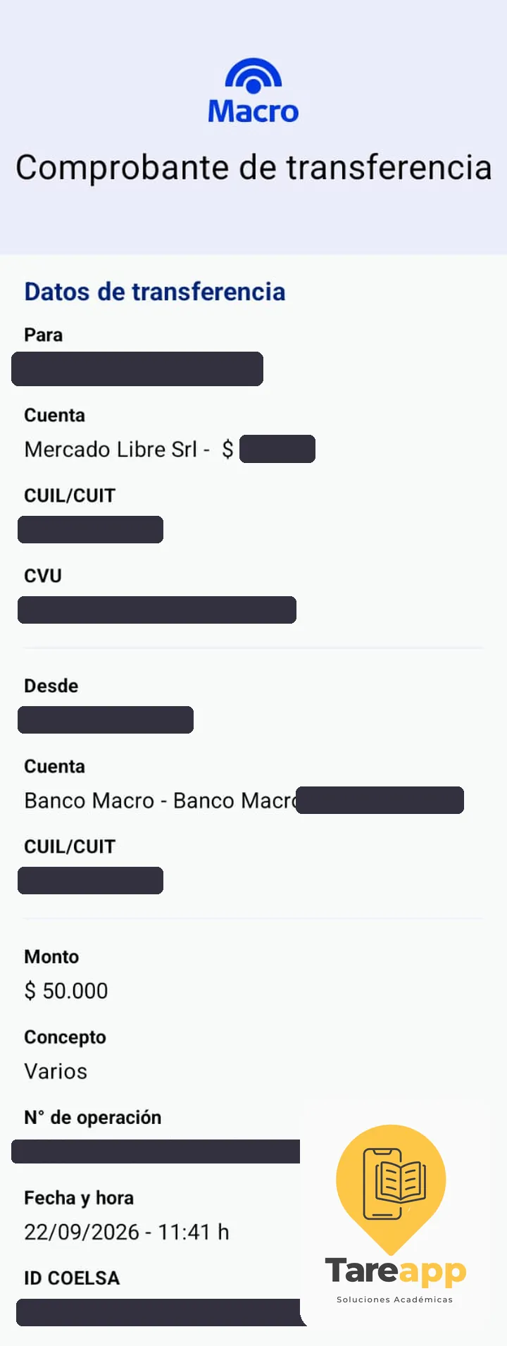 Comprobante de pago de $50.000 a Tareapp, septiembre 2026