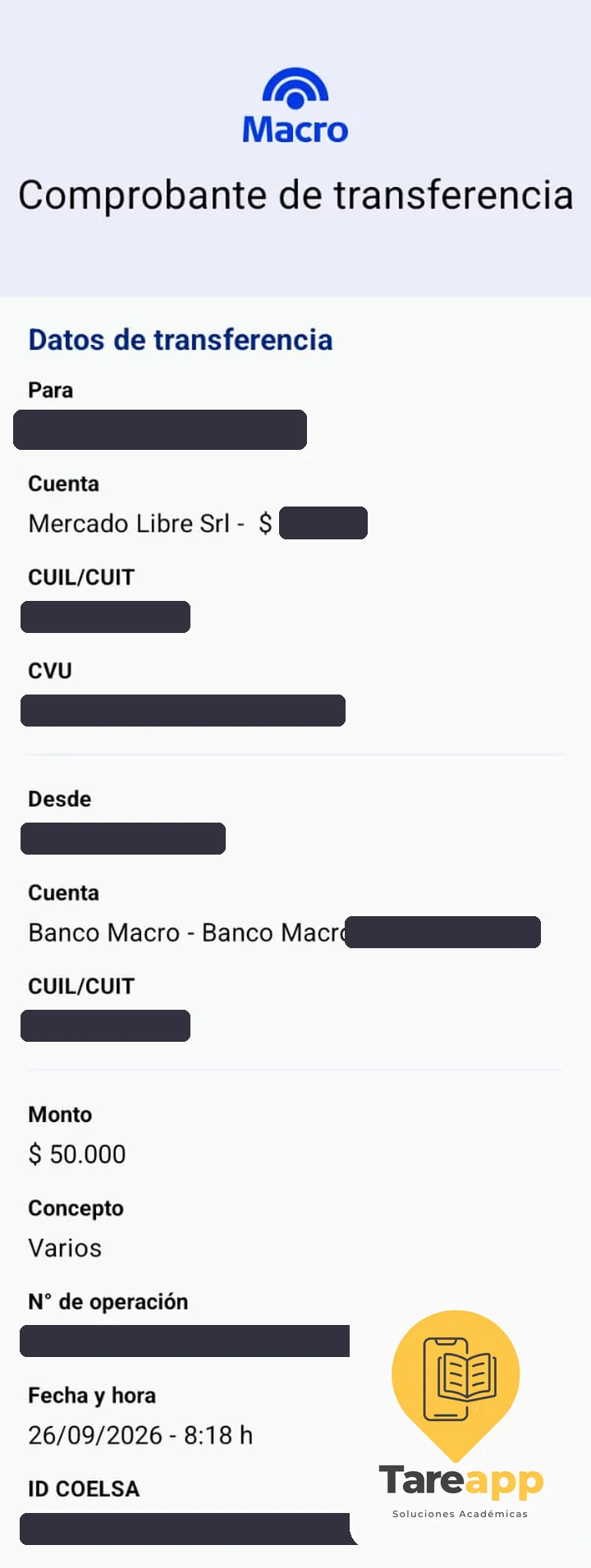 Comprobante de pago de $50.000 a Tareapp, septiembre 2026