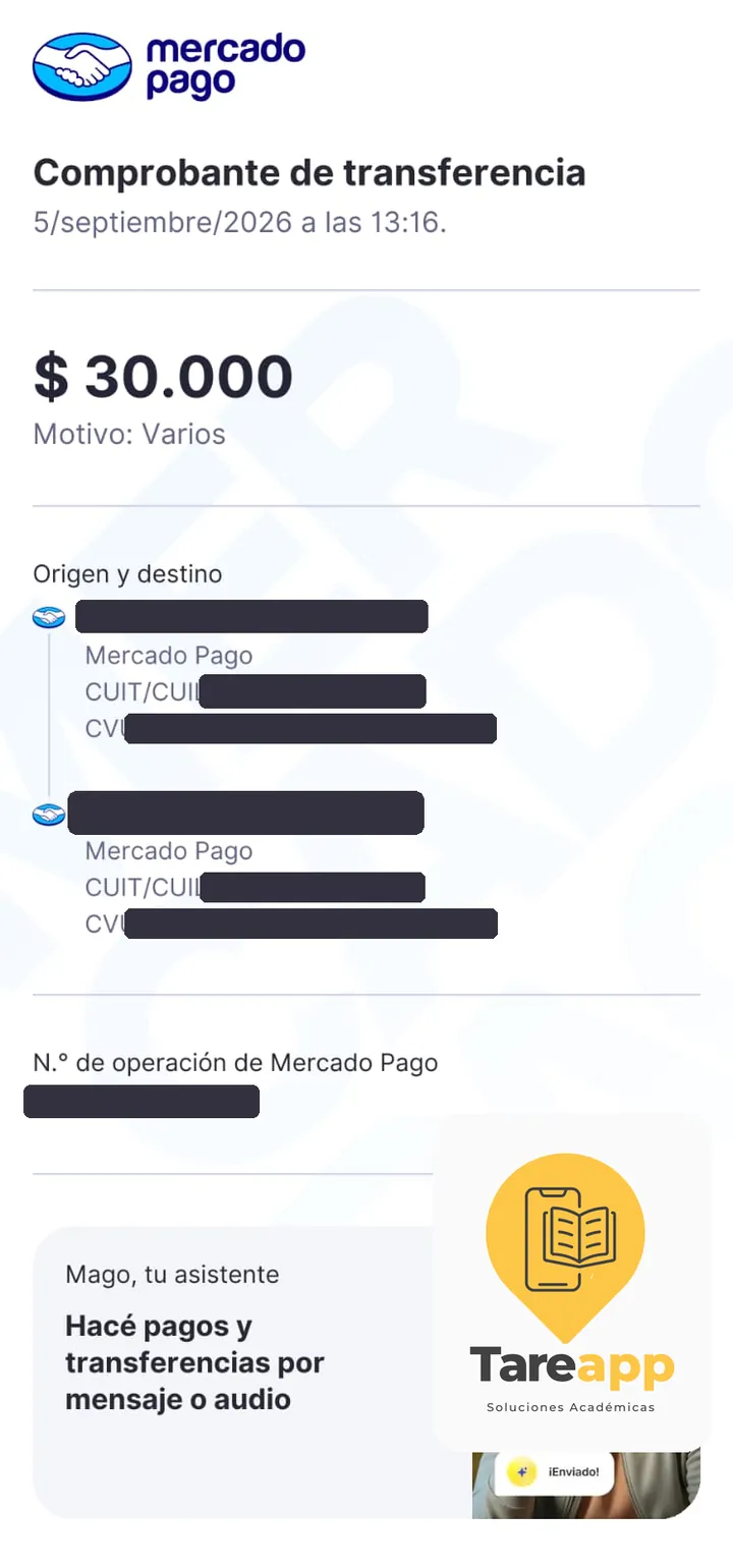 Comprobante de pago de $30.000 a Tareapp, septiembre 2026