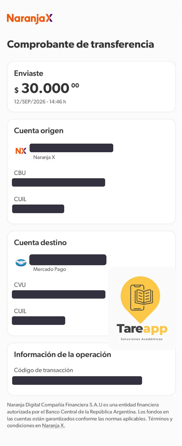 Comprobante de pago de $30.000 a Tareapp, septiembre 2026