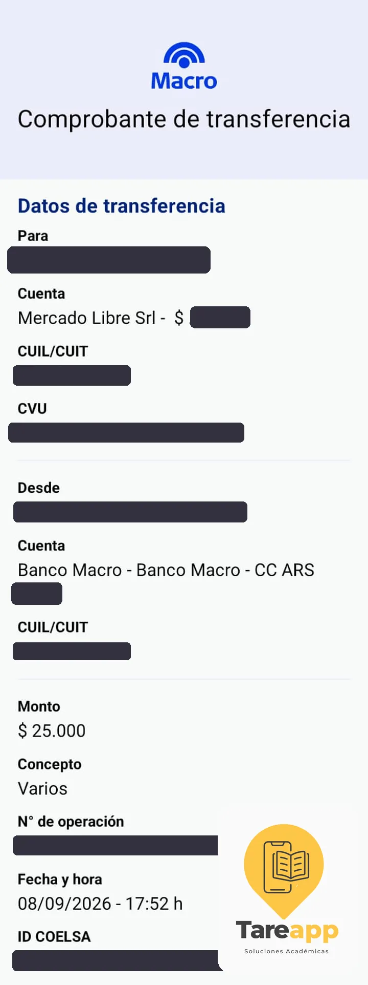 Comprobante de pago de $25.000 a Tareapp, septiembre 2026