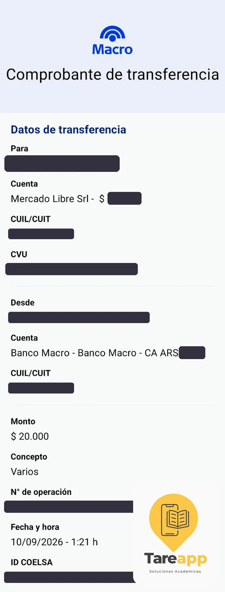 Comprobante de pago de $20.000 a Tareapp, septiembre 2026