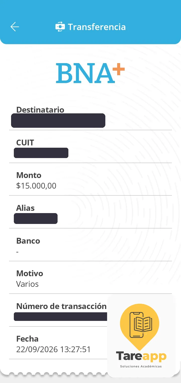 Comprobante de pago de $15.000 a Tareapp, septiembre 2026