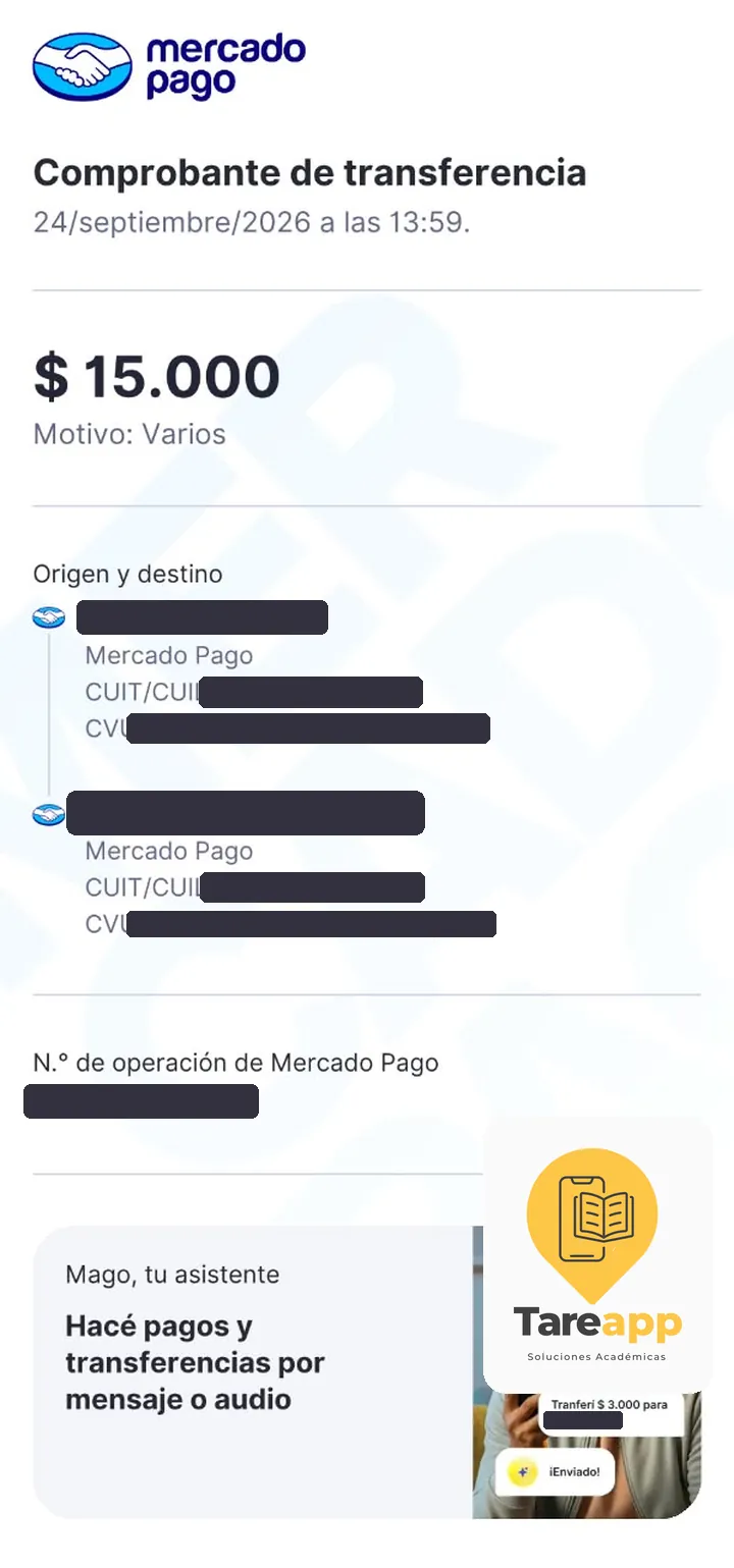 Comprobante de pago de $15.000 a Tareapp, septiembre 2026