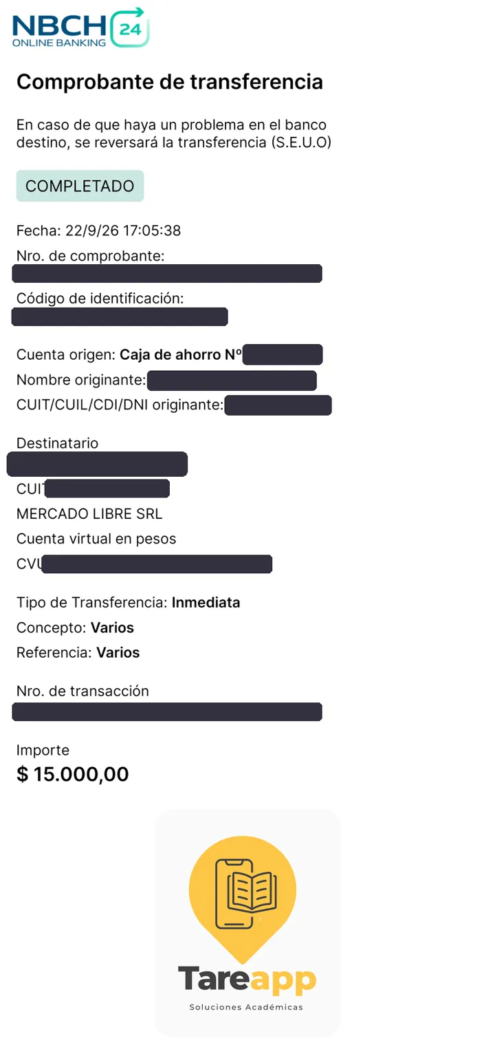 Comprobante de pago de $15.000 a Tareapp, septiembre 2026
