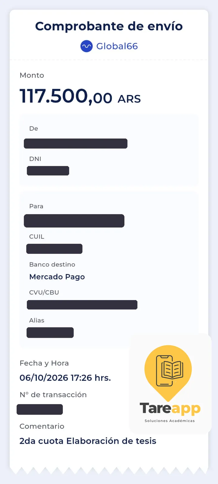 Comprobante de pago de $117.500 a Tareapp, octubre 2026