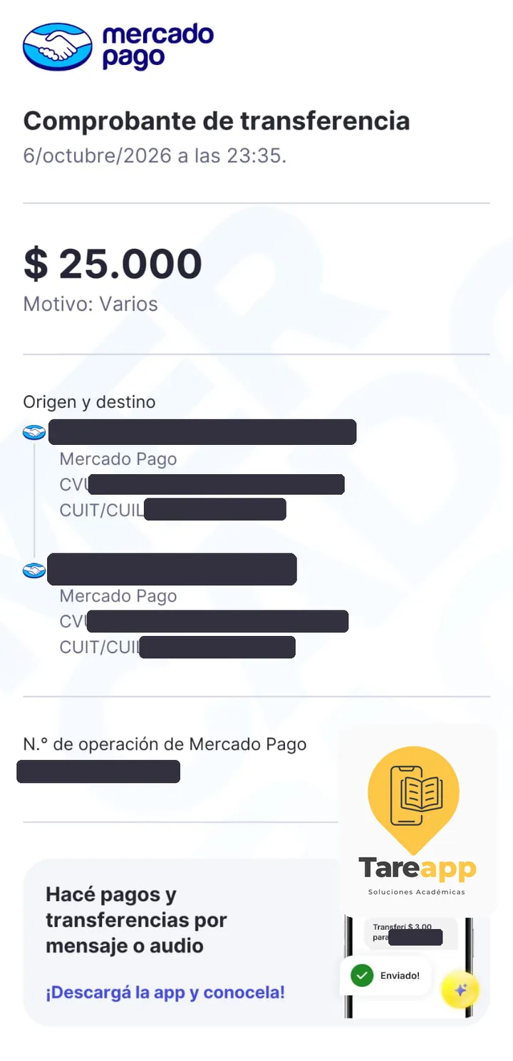 Comprobante de pago de $25.000 a Tareapp, octubre 2026