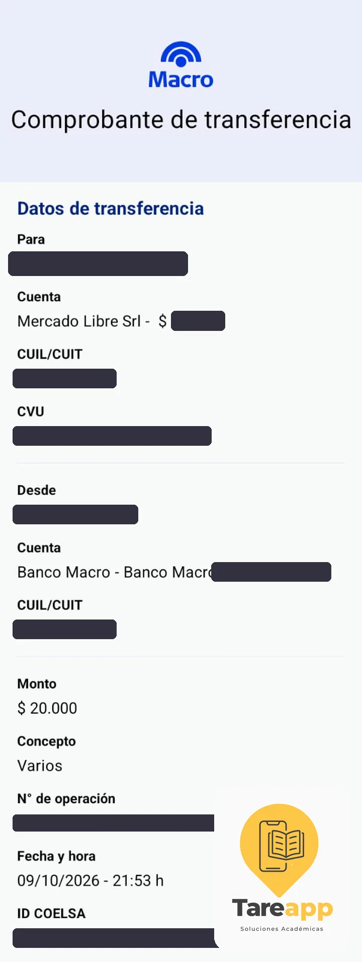 Comprobante de pago de $20.000 a Tareapp, octubre 2026