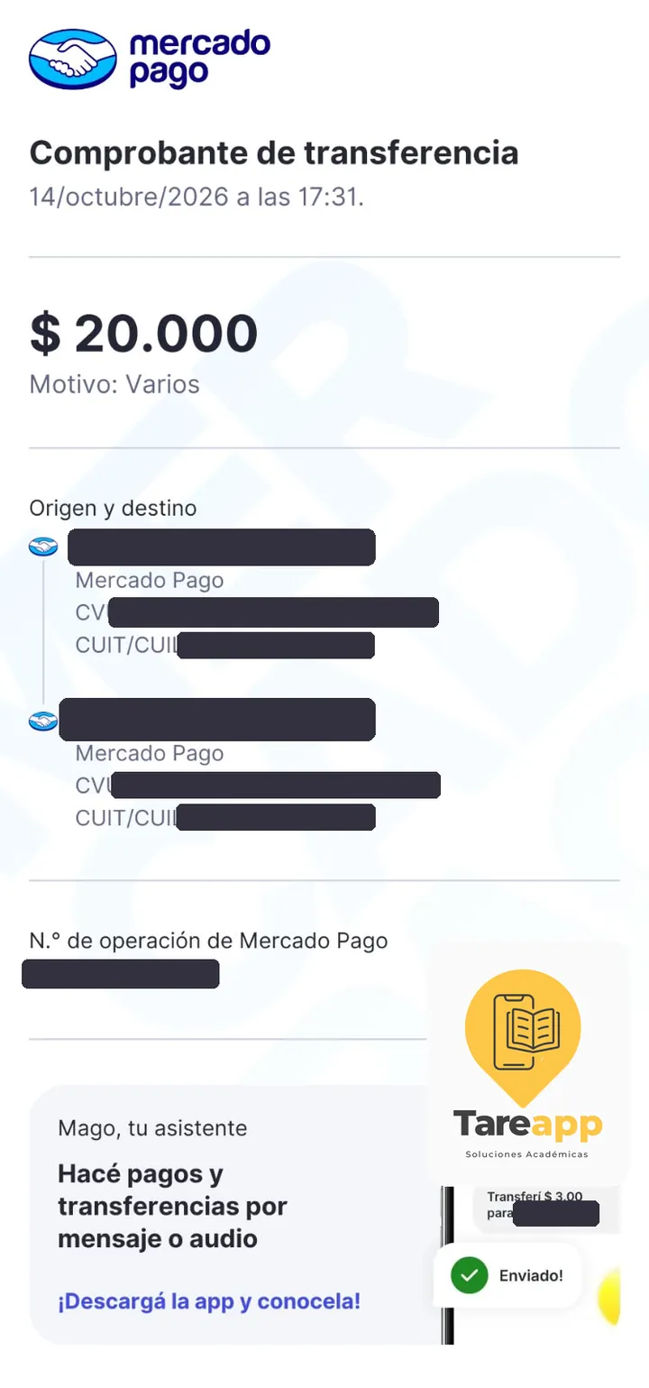 Comprobante de pago de $20.000 a Tareapp, octubre 2026