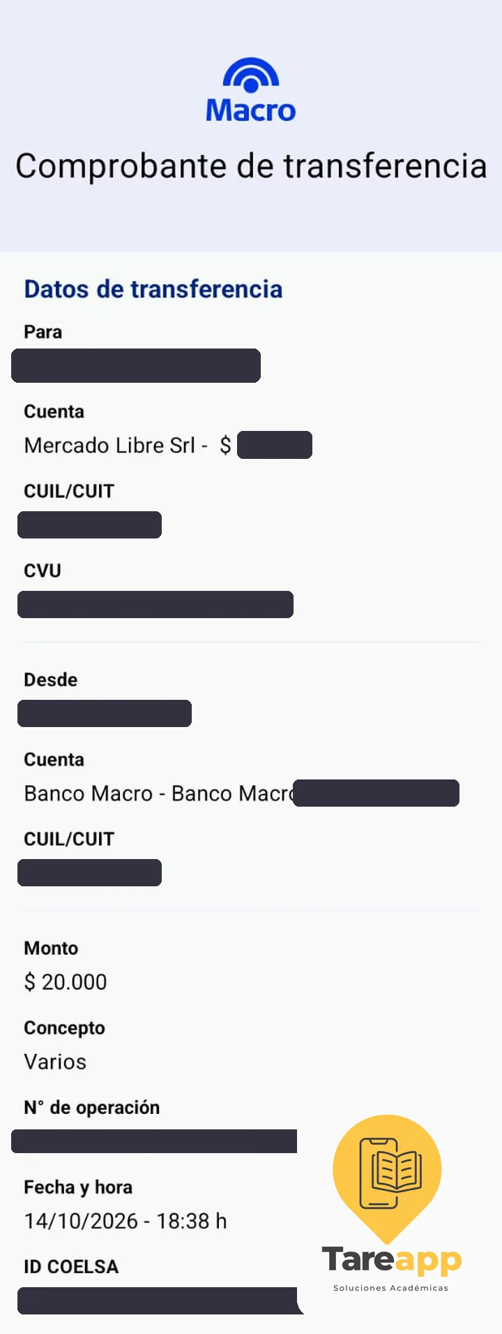 Comprobante de pago de $20.000 a Tareapp, octubre 2026