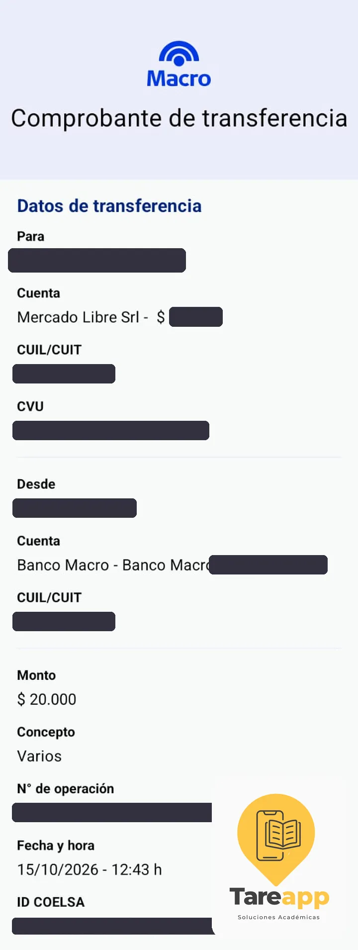 Comprobante de pago de $20.000 a Tareapp, octubre 2026
