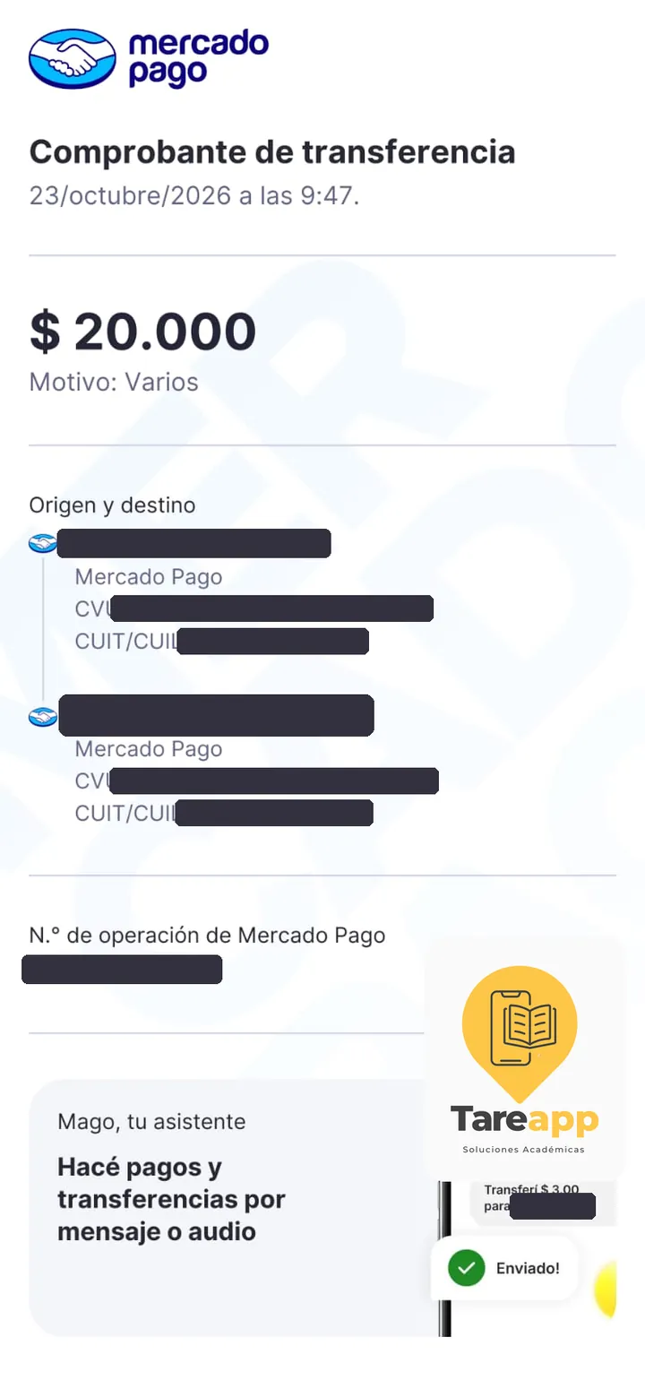 Comprobante de pago de $20.000 a Tareapp, octubre 2026