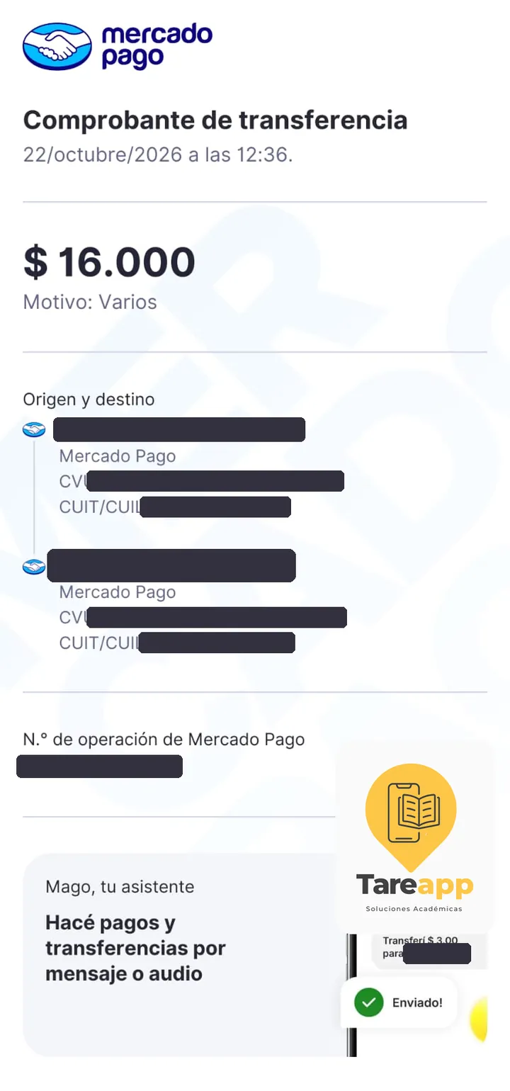 Comprobante de pago de $16.000 a Tareapp, octubre 2026