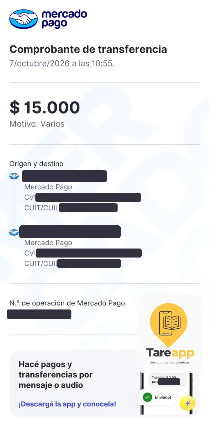 Comprobante de pago de $15.000 a Tareapp, octubre 2026