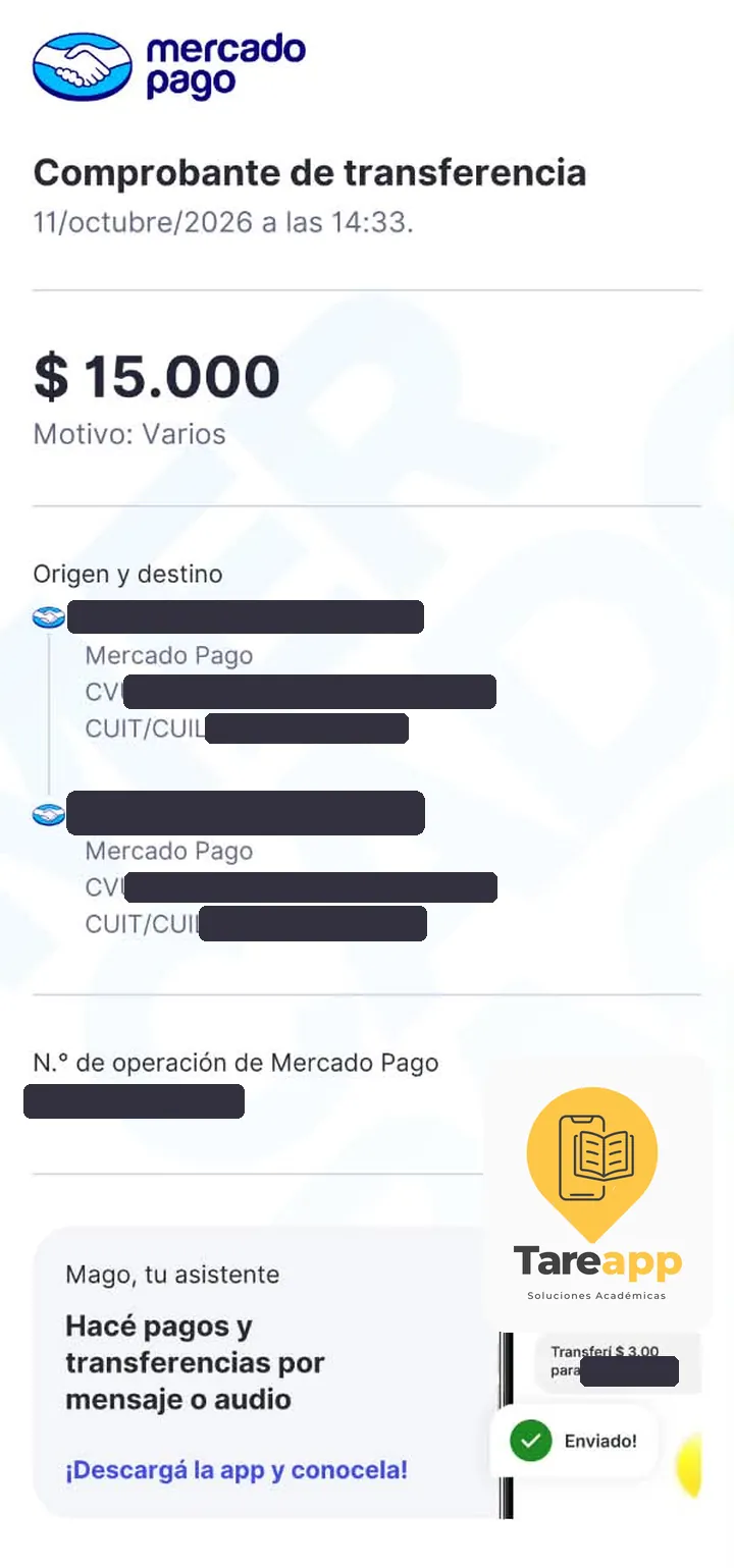Comprobante de pago de $15.000 a Tareapp, octubre 2026