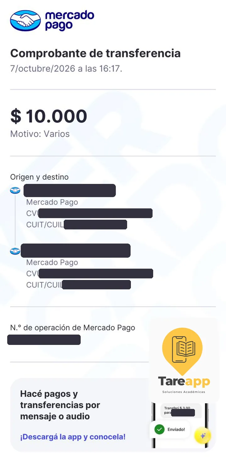Comprobante de pago de $10.000 a Tareapp, octubre 2026