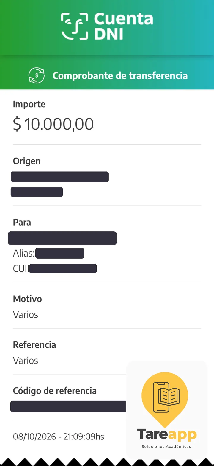 Comprobante de pago de $10.000 a Tareapp, octubre 2026