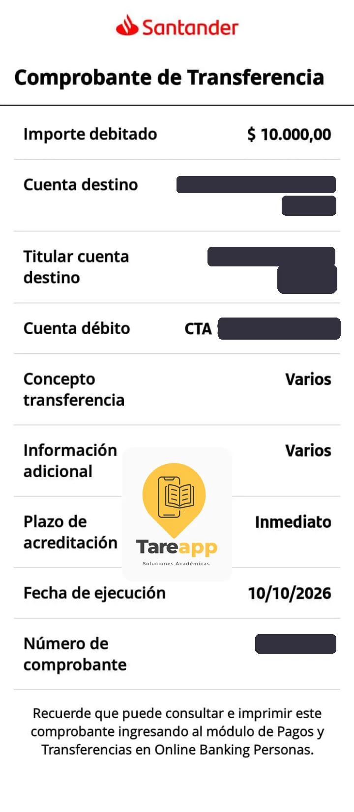 Comprobante de pago de $10.000 a Tareapp, octubre 2026